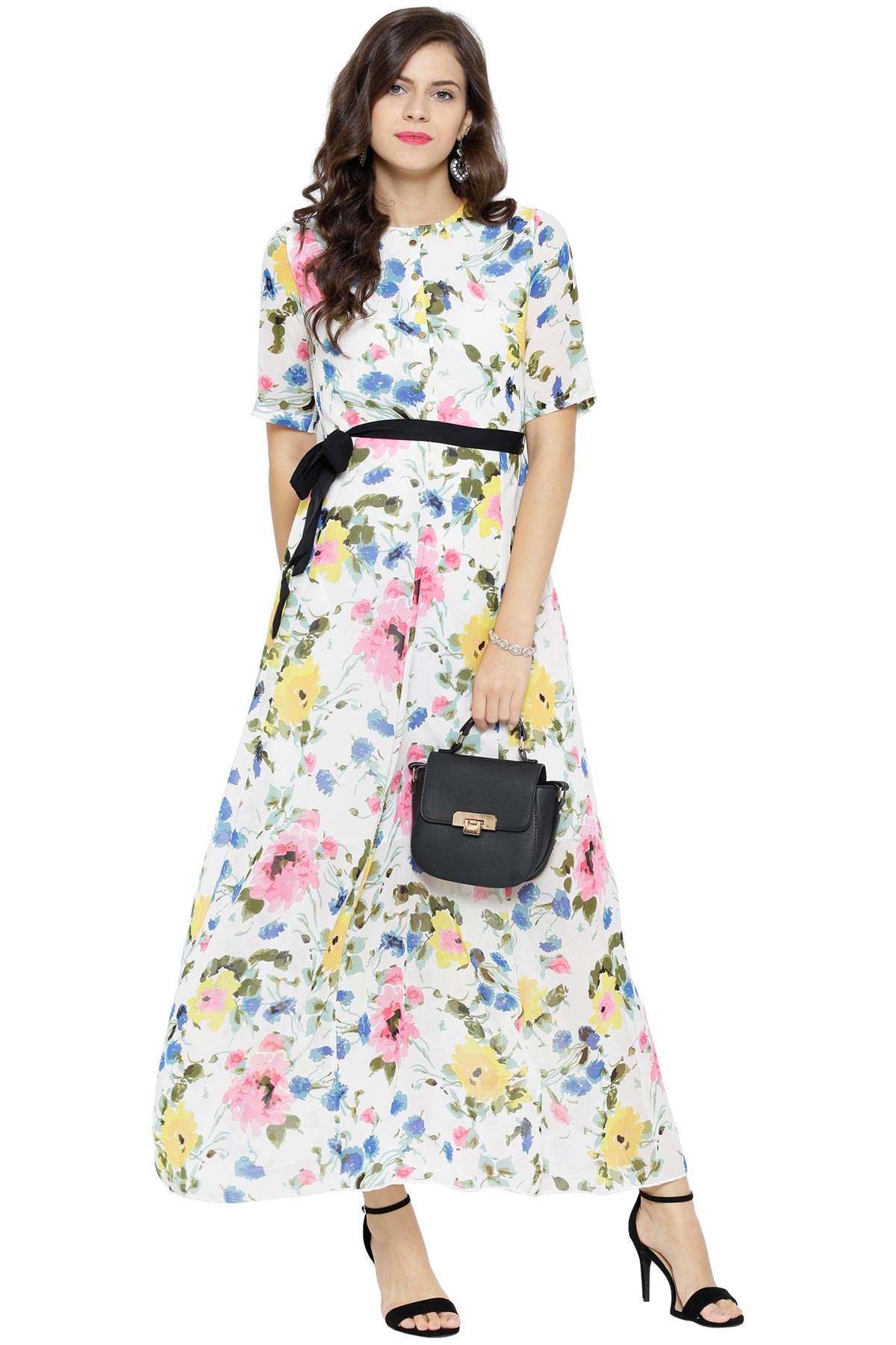 Women's White Floral Belted Maxi Dress