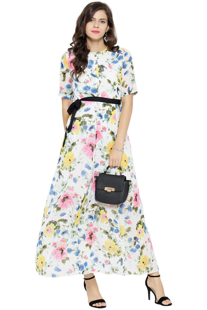 Women's White Floral Belted Maxi Dress