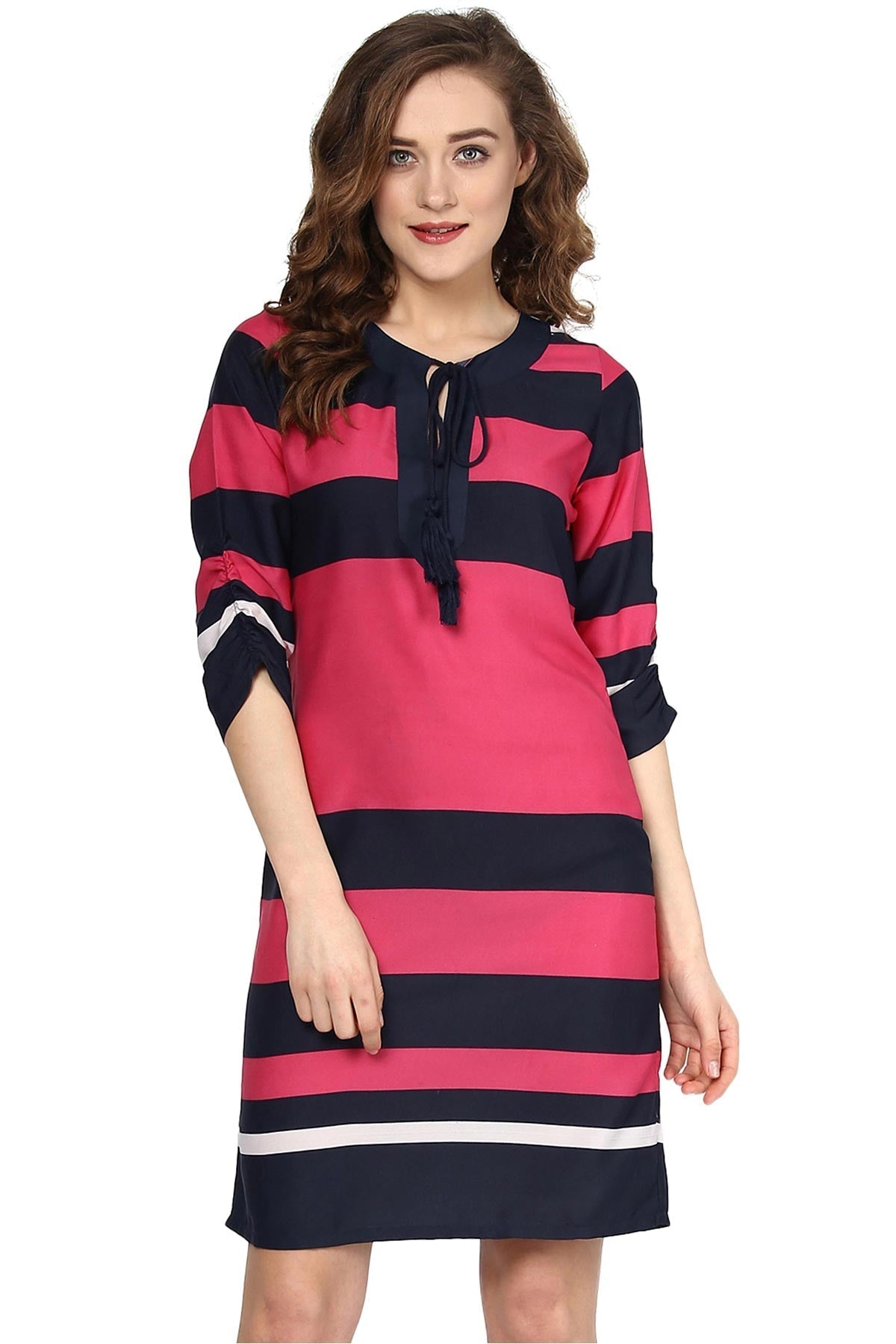Women's Pink & Navy Striped Dress With Tie Up