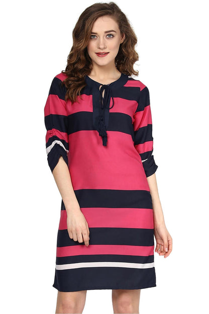 Women's Pink & Navy Striped Dress With Tie Up