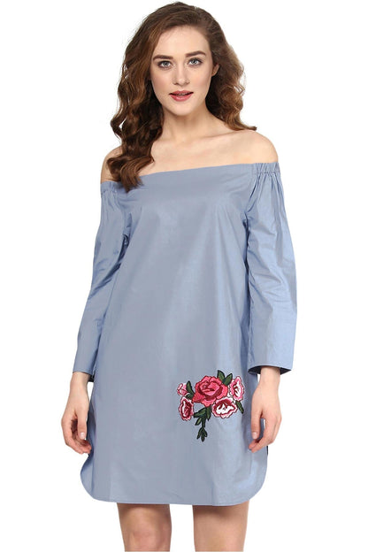 Women's Blue Patch Off Shoulder Dress