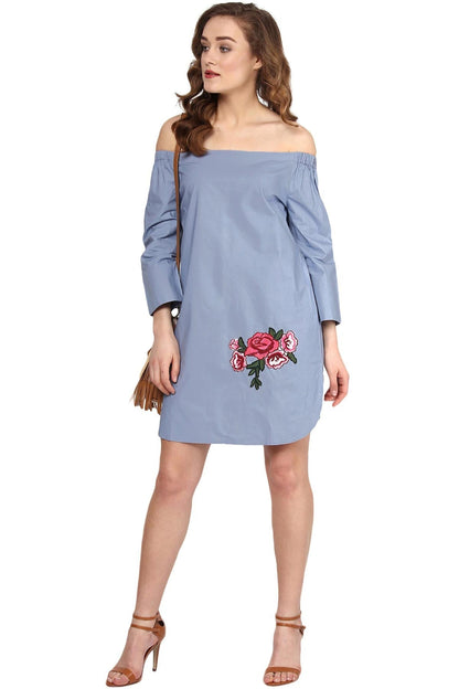 Women's Blue Patch Off Shoulder Dress