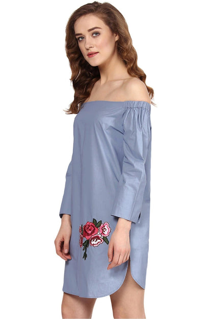 Women's Blue Patch Off Shoulder Dress