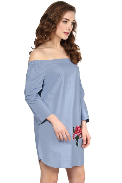 Women's Blue Patch Off Shoulder Dress