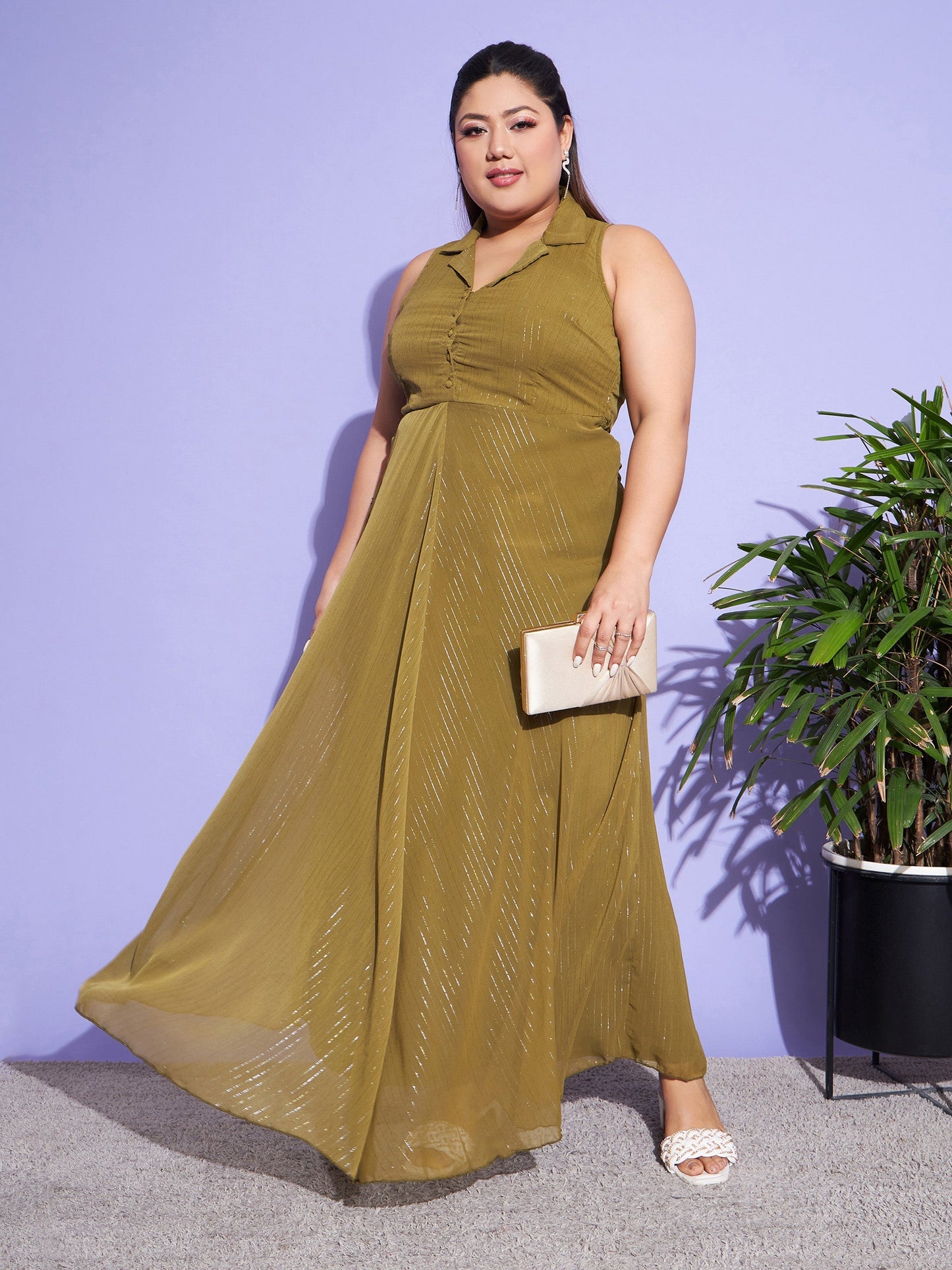 Women's Green Chiffon Lurex Notched Collar Maxi Dress