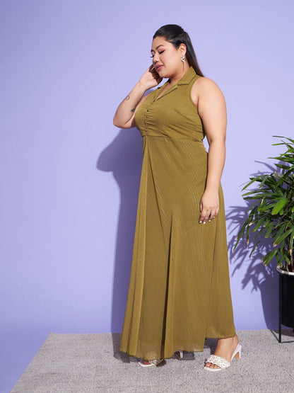 Women's Green Chiffon Lurex Notched Collar Maxi Dress