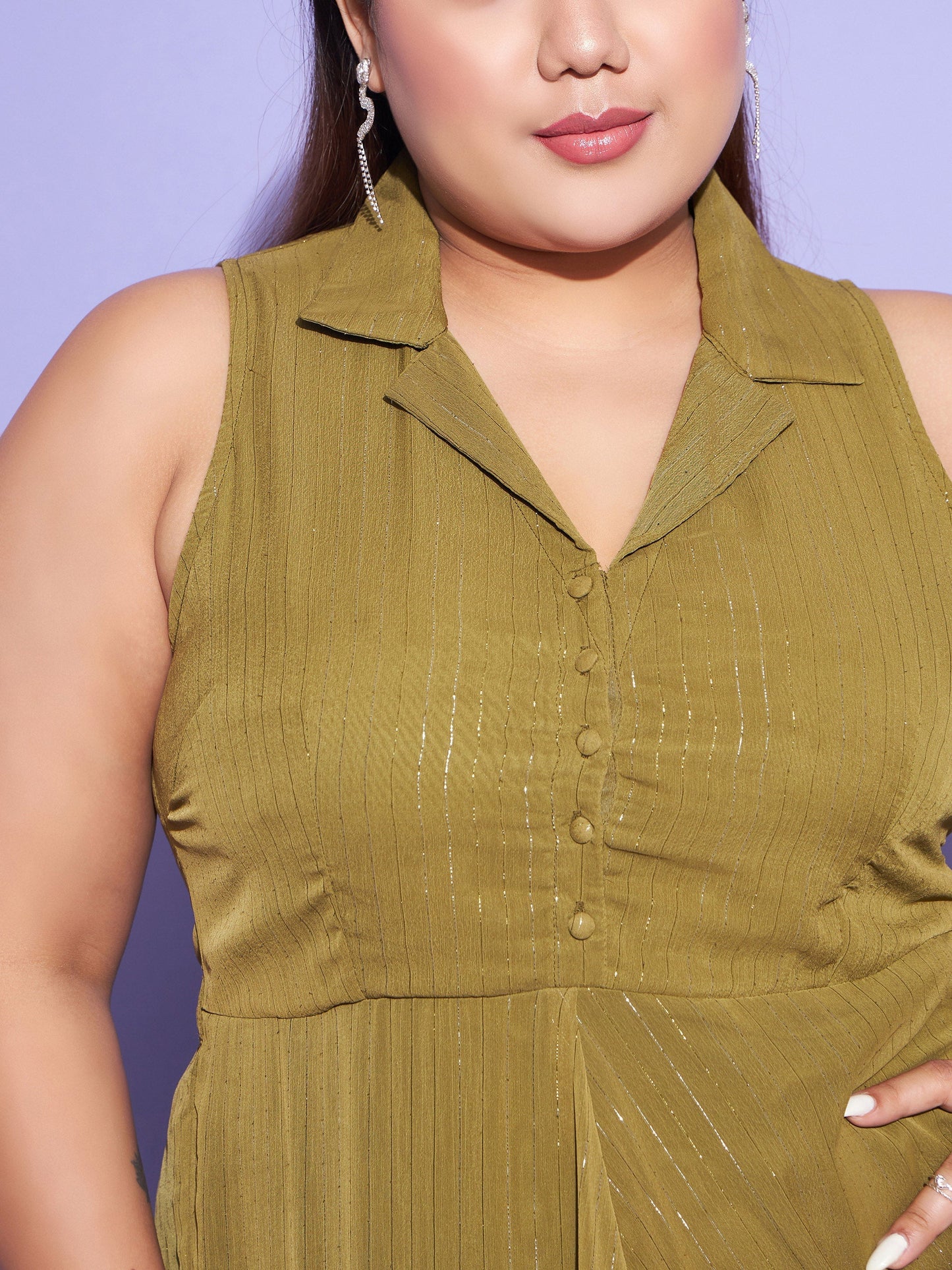 Women's Green Chiffon Lurex Notched Collar Maxi Dress