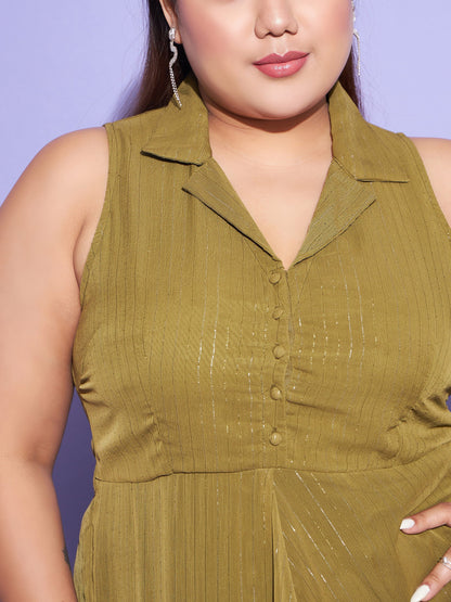 Women's Green Chiffon Lurex Notched Collar Maxi Dress