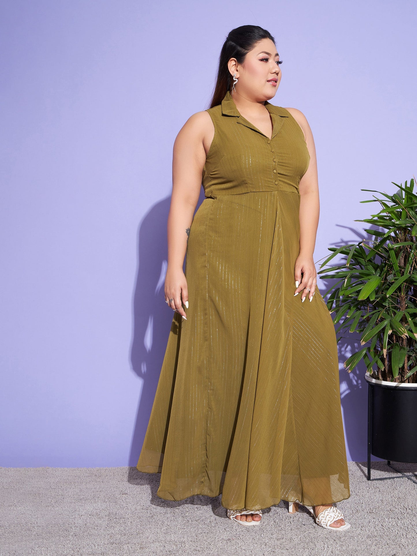 Women's Green Chiffon Lurex Notched Collar Maxi Dress