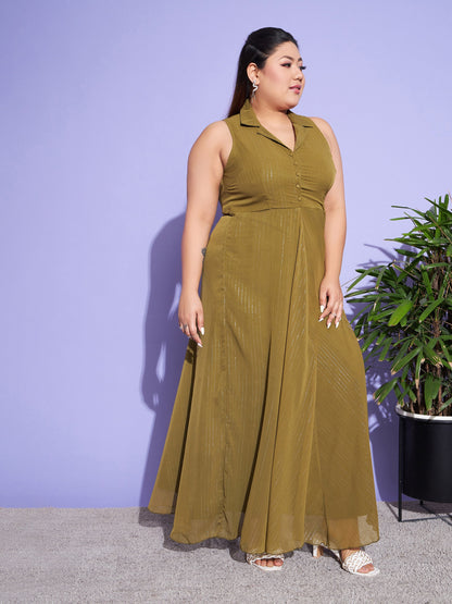 Women's Green Chiffon Lurex Notched Collar Maxi Dress