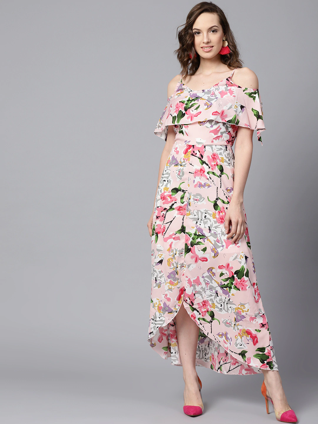 Women's Pink Floral Layered High Low Maxi Dress
