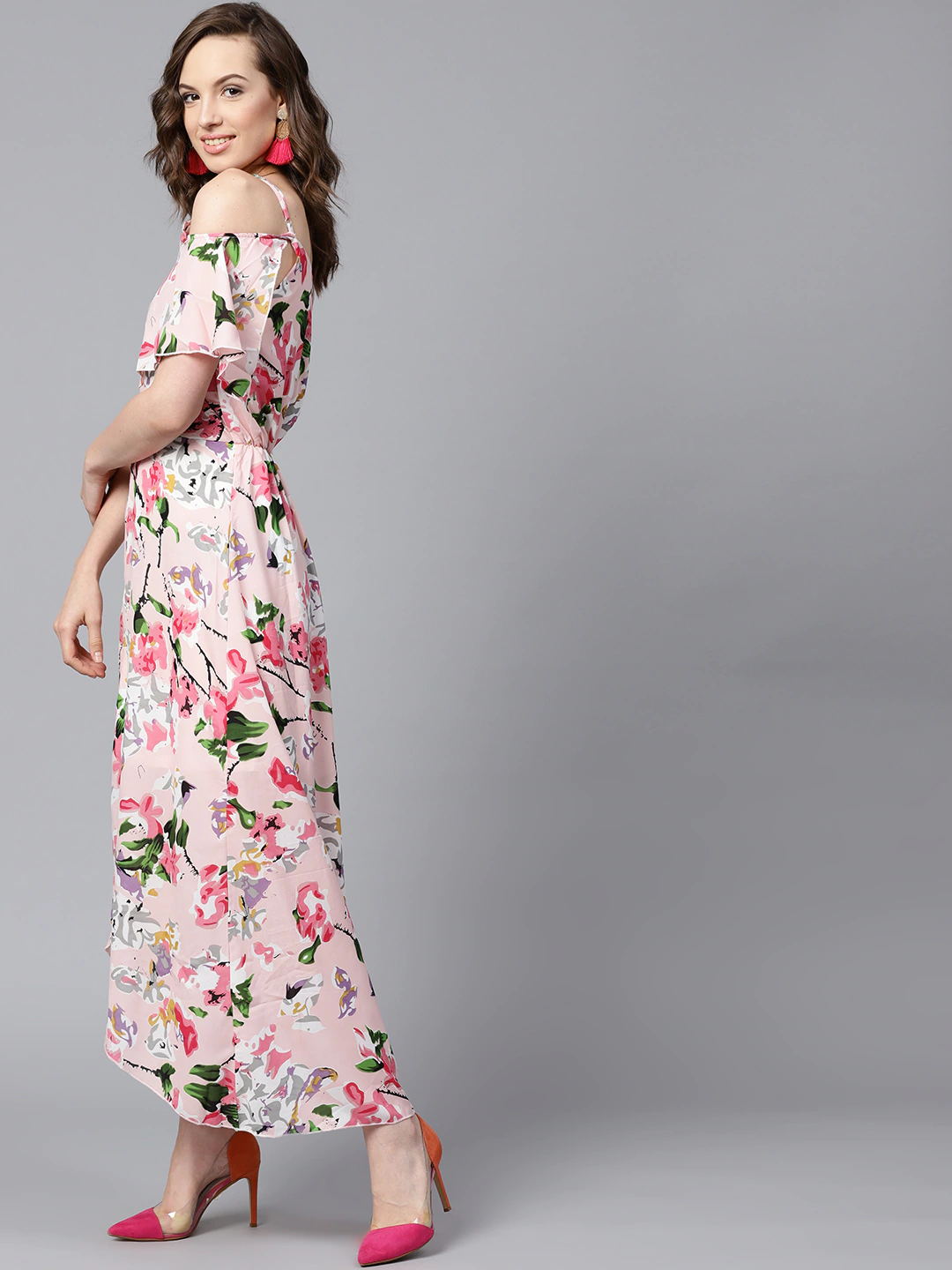 Women's Pink Floral Layered High Low Maxi Dress