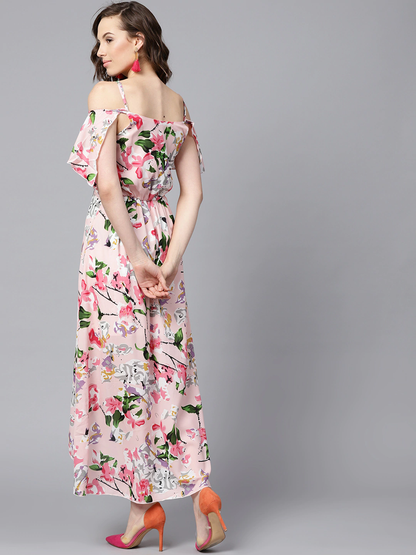 Women's Pink Floral Layered High Low Maxi Dress