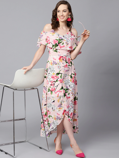 Women's Pink Floral Layered High Low Maxi Dress