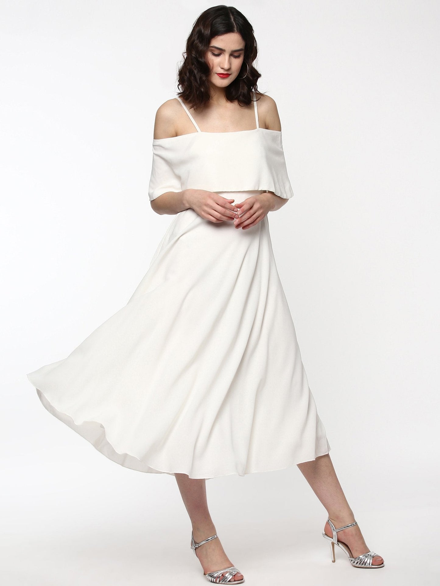 Women's Layered Fit & Flare Ivory Midi Strap Dress