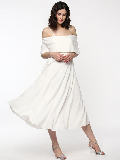 Women's Layered Fit & Flare Ivory Midi Strap Dress