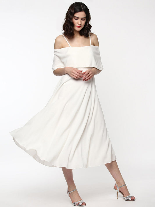 Women's Layered Fit & Flare Ivory Midi Strap Dress