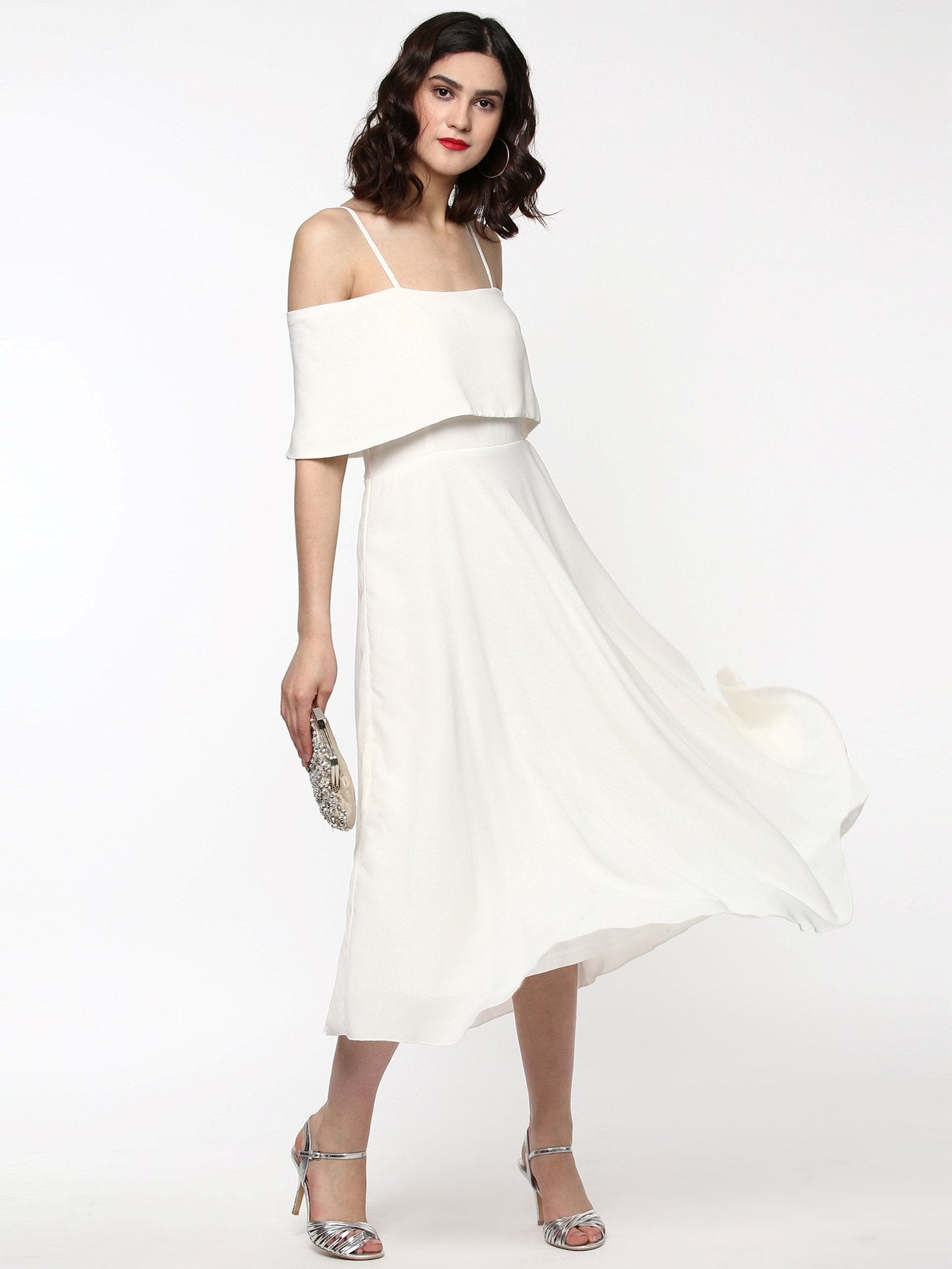 Women's Layered Fit & Flare Ivory Midi Strap Dress