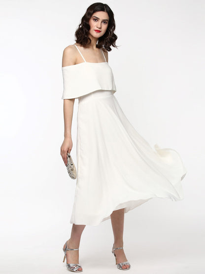 Women's Layered Fit & Flare Ivory Midi Strap Dress