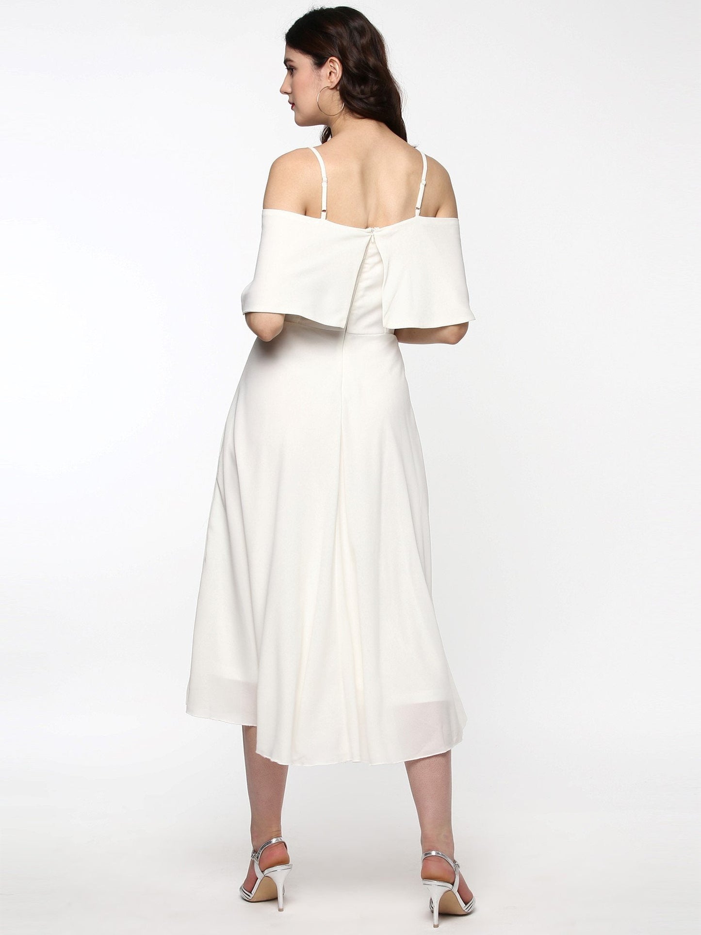 Women's Layered Fit & Flare Ivory Midi Strap Dress