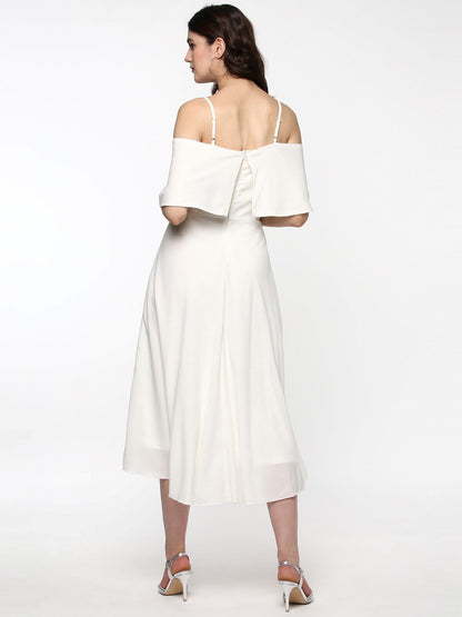 Women's Layered Fit & Flare Ivory Midi Strap Dress