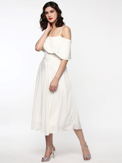 Women's Layered Fit & Flare Ivory Midi Strap Dress