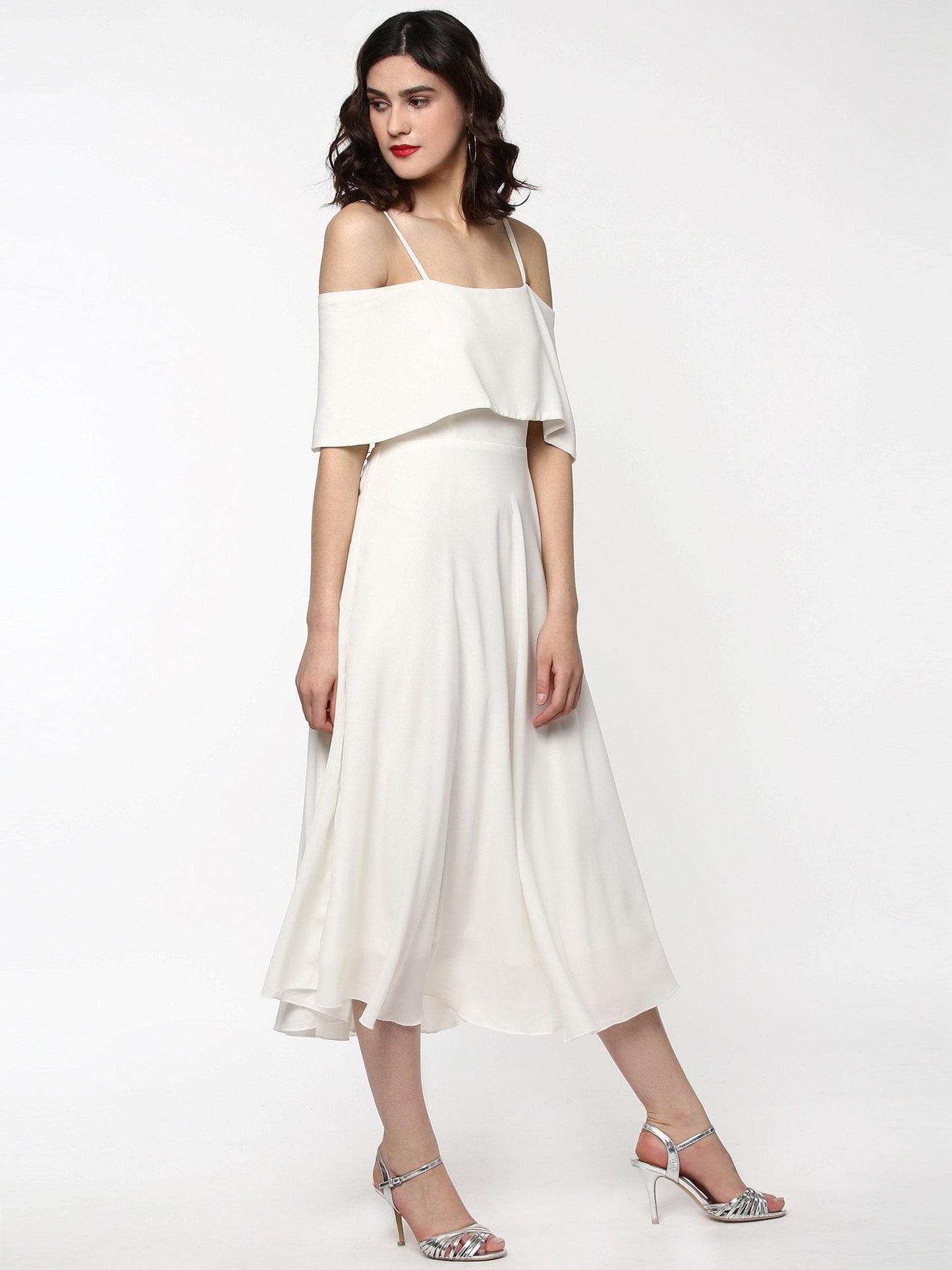 Women's Layered Fit & Flare Ivory Midi Strap Dress