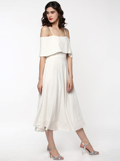 Women's Layered Fit & Flare Ivory Midi Strap Dress