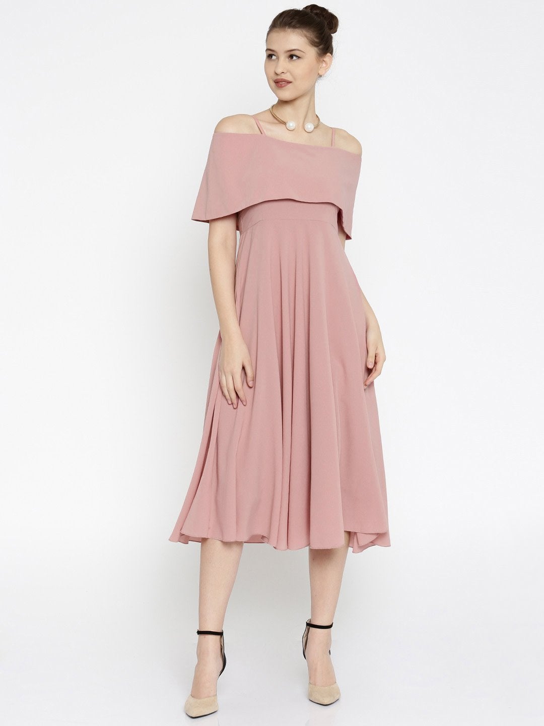 Women's Layered Fit & Flare Pink Midi Strap Dress