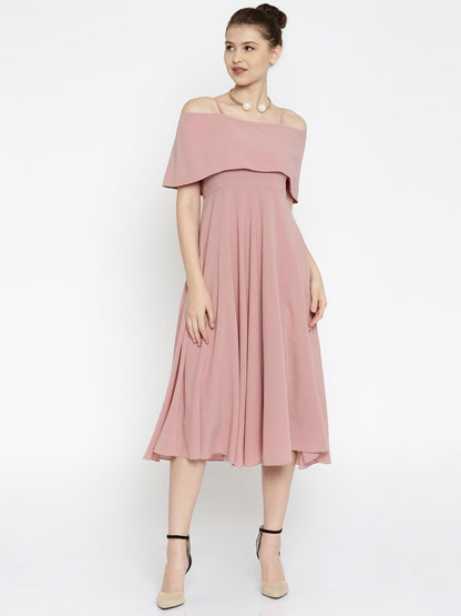 Women's Layered Fit & Flare Pink Midi Strap Dress