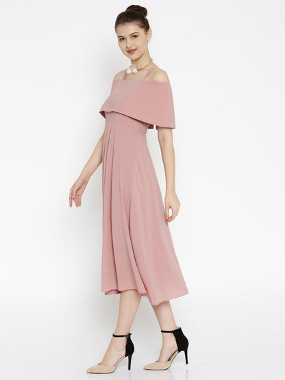 Women's Layered Fit & Flare Pink Midi Strap Dress