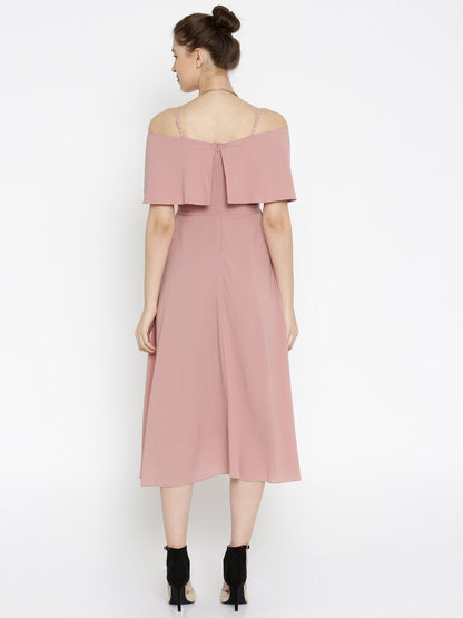 Women's Layered Fit & Flare Pink Midi Strap Dress