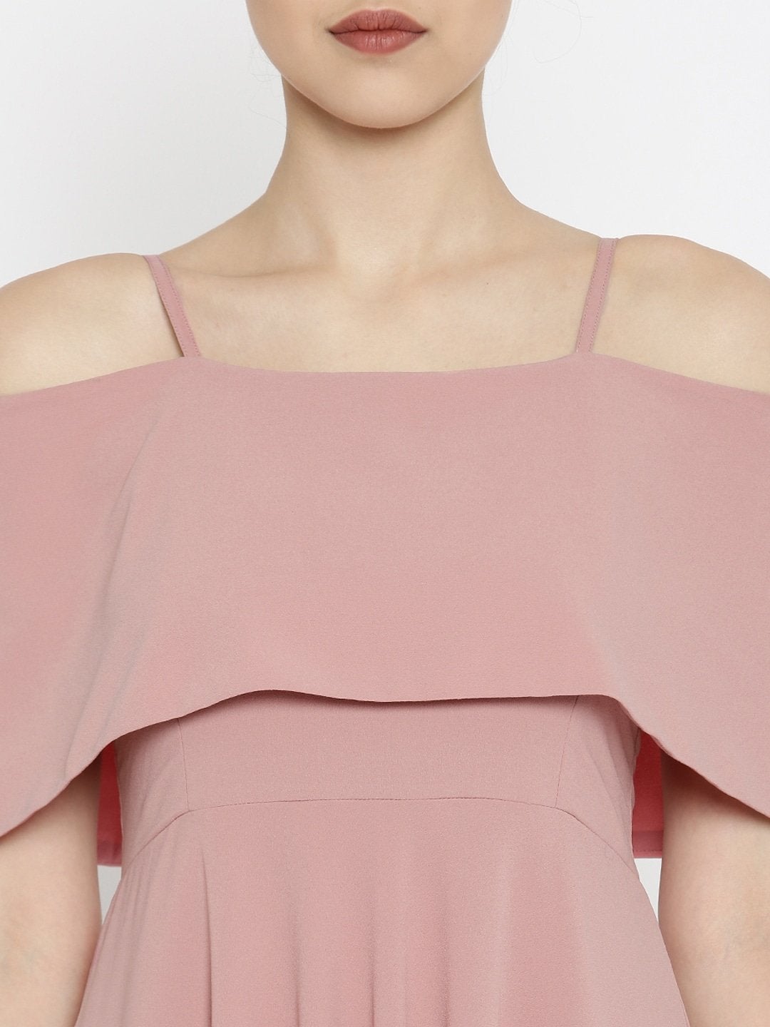 Women's Layered Fit & Flare Pink Midi Strap Dress