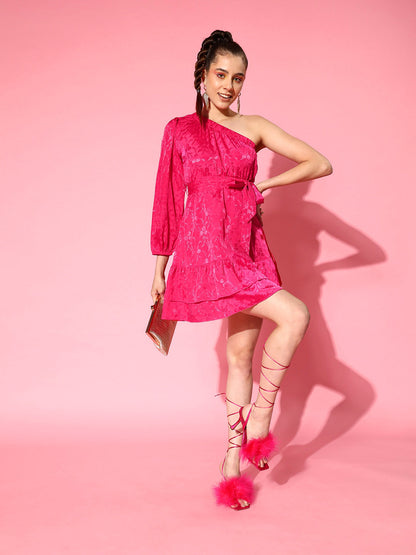 Women's Pink Jacquard One Shoulder Skater Dress