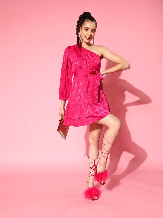 Women's Pink Jacquard One Shoulder Skater Dress