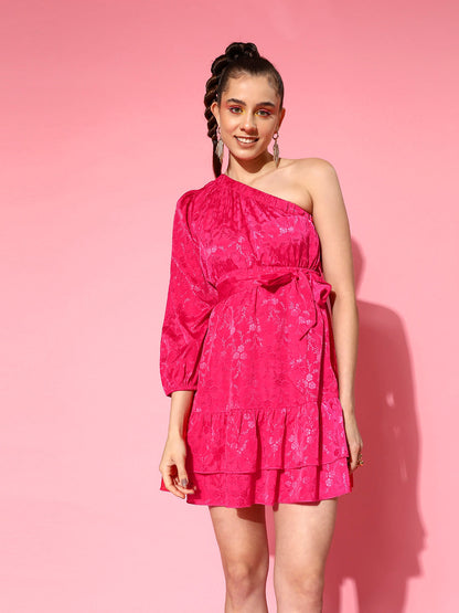 Women's Pink Jacquard One Shoulder Skater Dress