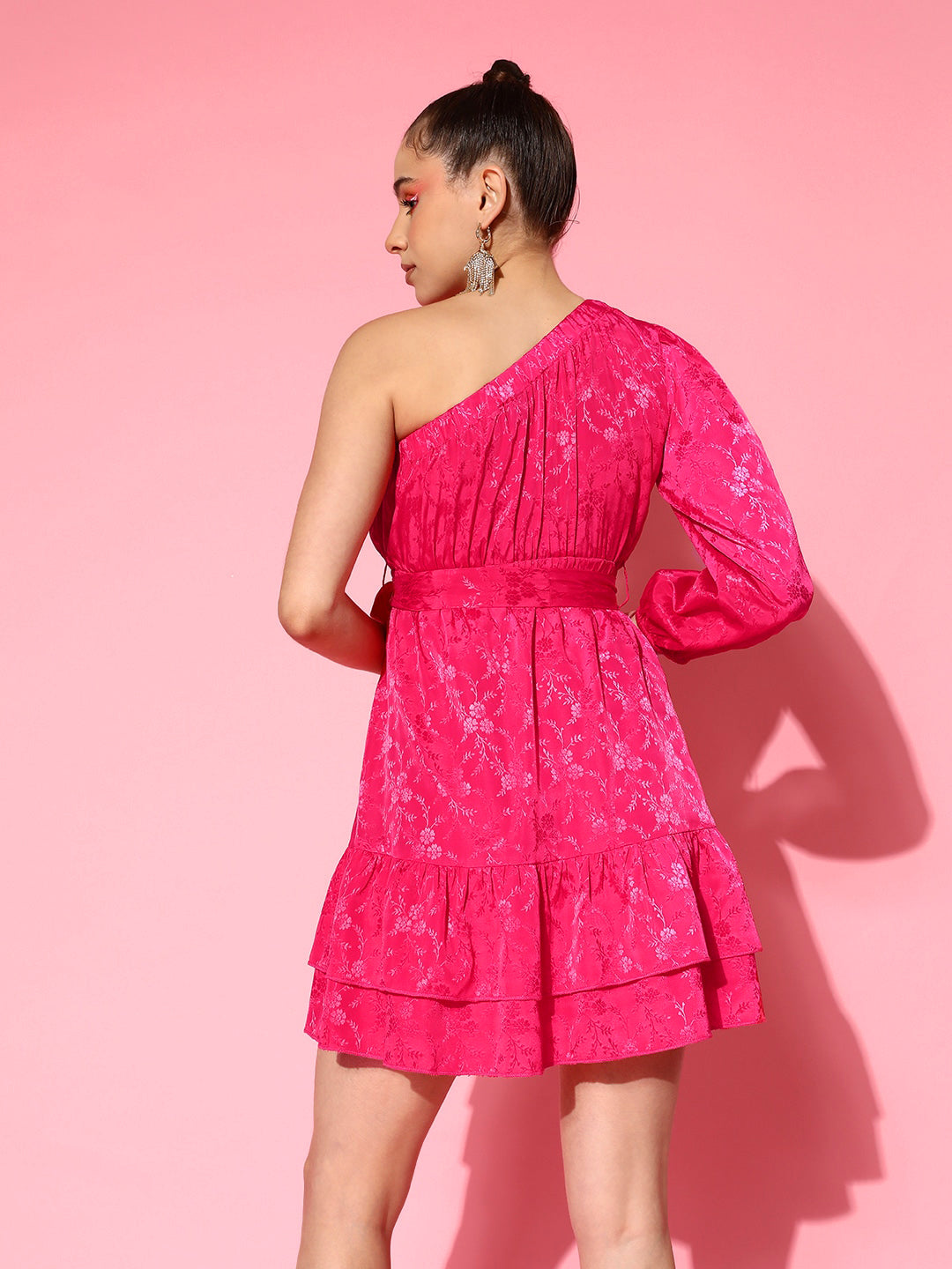 Women's Pink Jacquard One Shoulder Skater Dress