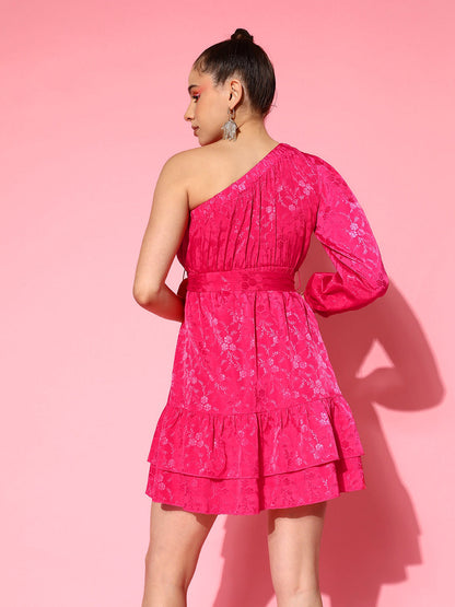 Women's Pink Jacquard One Shoulder Skater Dress