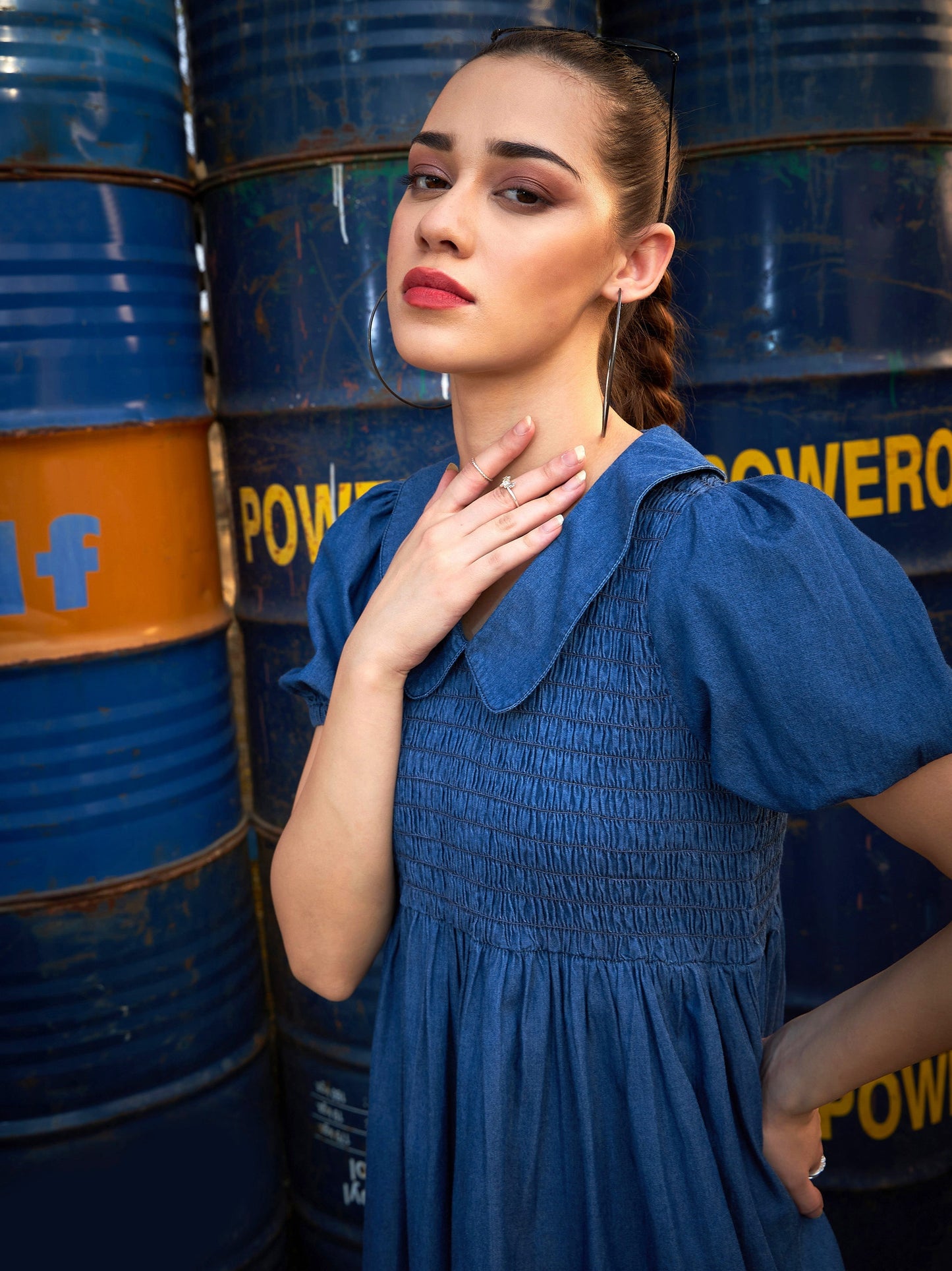 Women's Blue Smocking Collar Dress