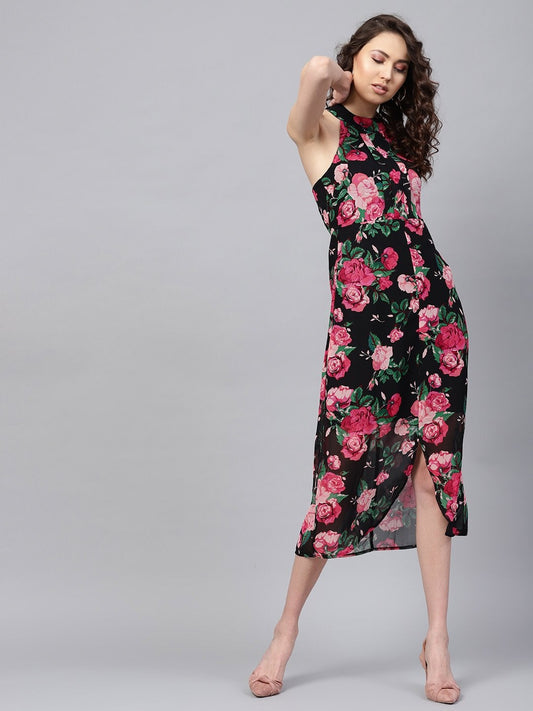 Women's Black Floral Halter Maxi Dress
