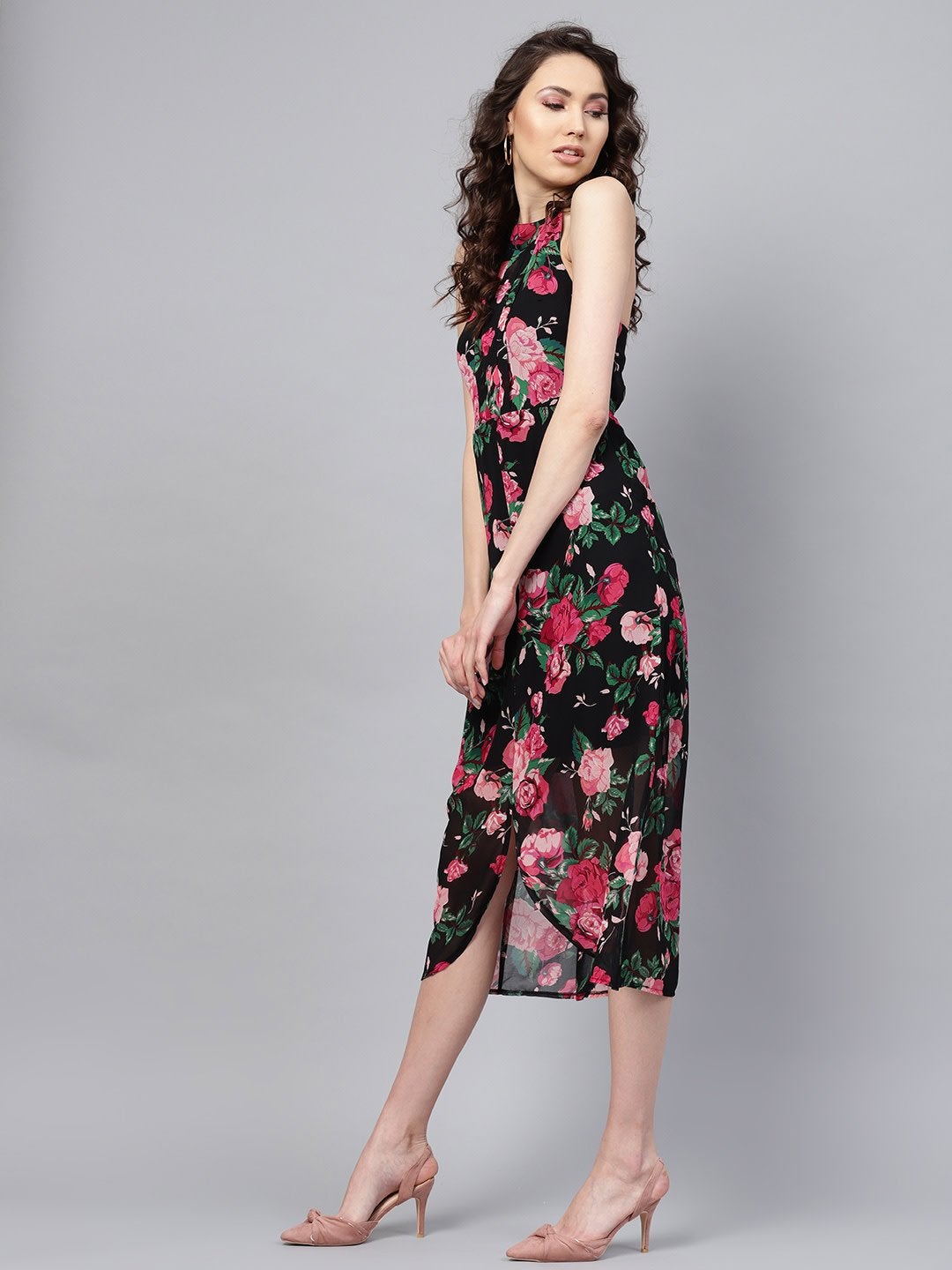 Women's Black Floral Halter Maxi Dress