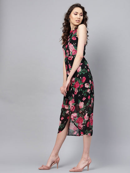 Women's Black Floral Halter Maxi Dress