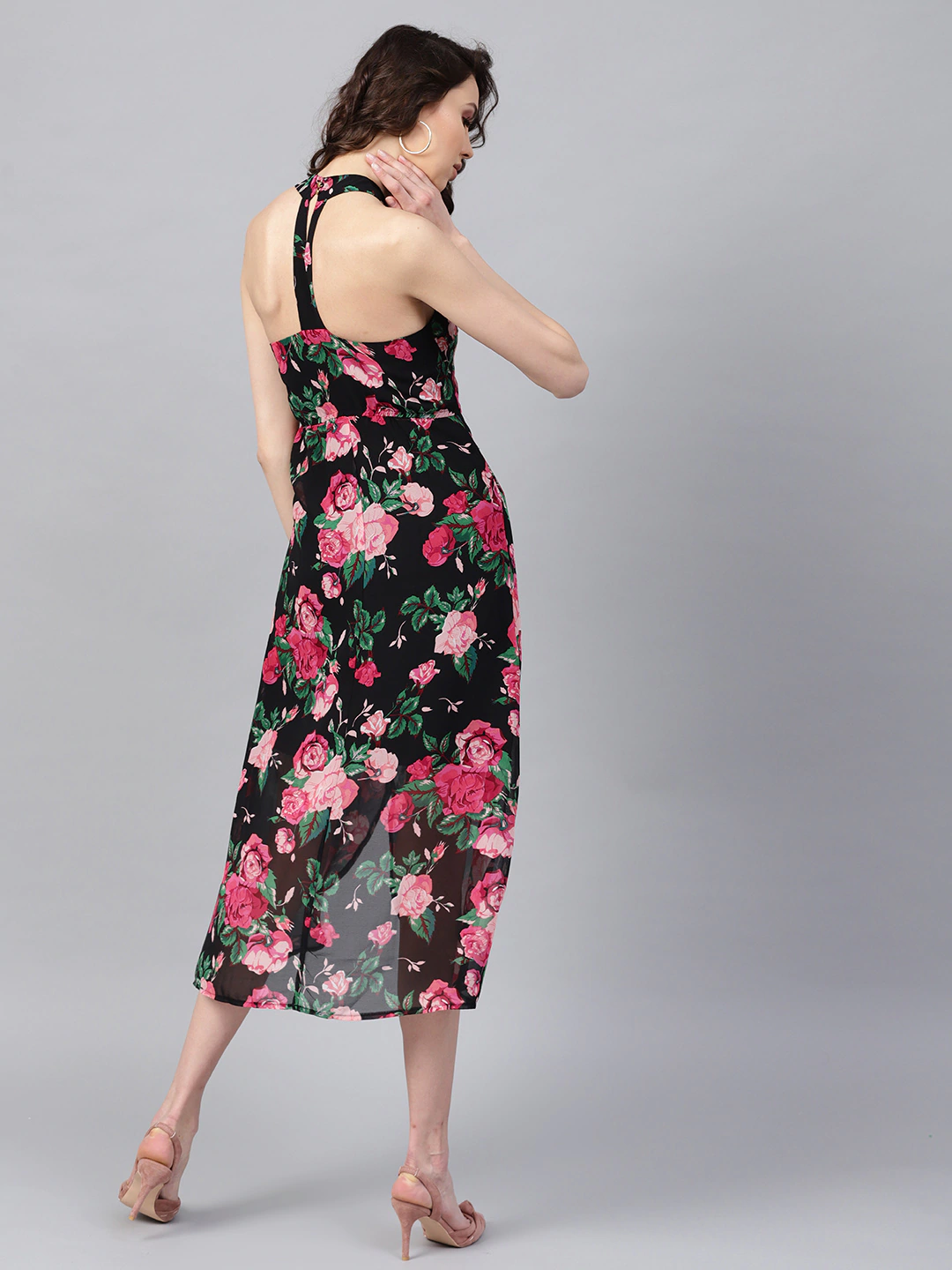 Women's Black Floral Halter Maxi Dress