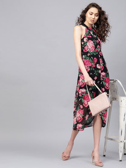 Women's Black Floral Halter Maxi Dress