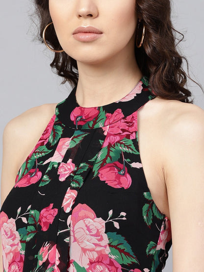 Women's Black Floral Halter Maxi Dress