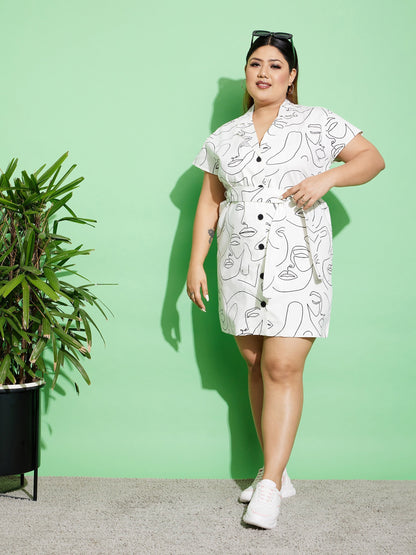 Women's White Face Print Twill Belted Blazer Dress