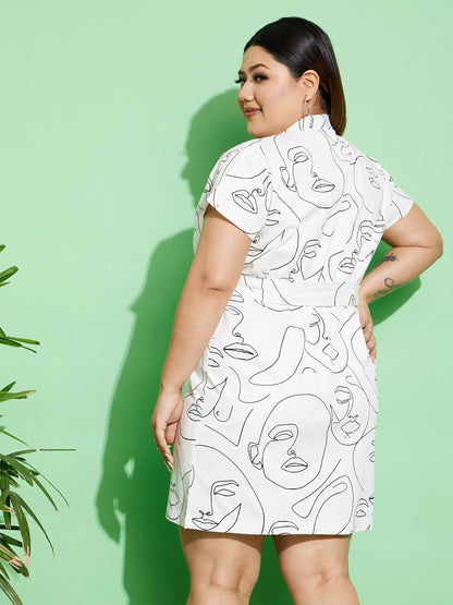 Women's White Face Print Twill Belted Blazer Dress