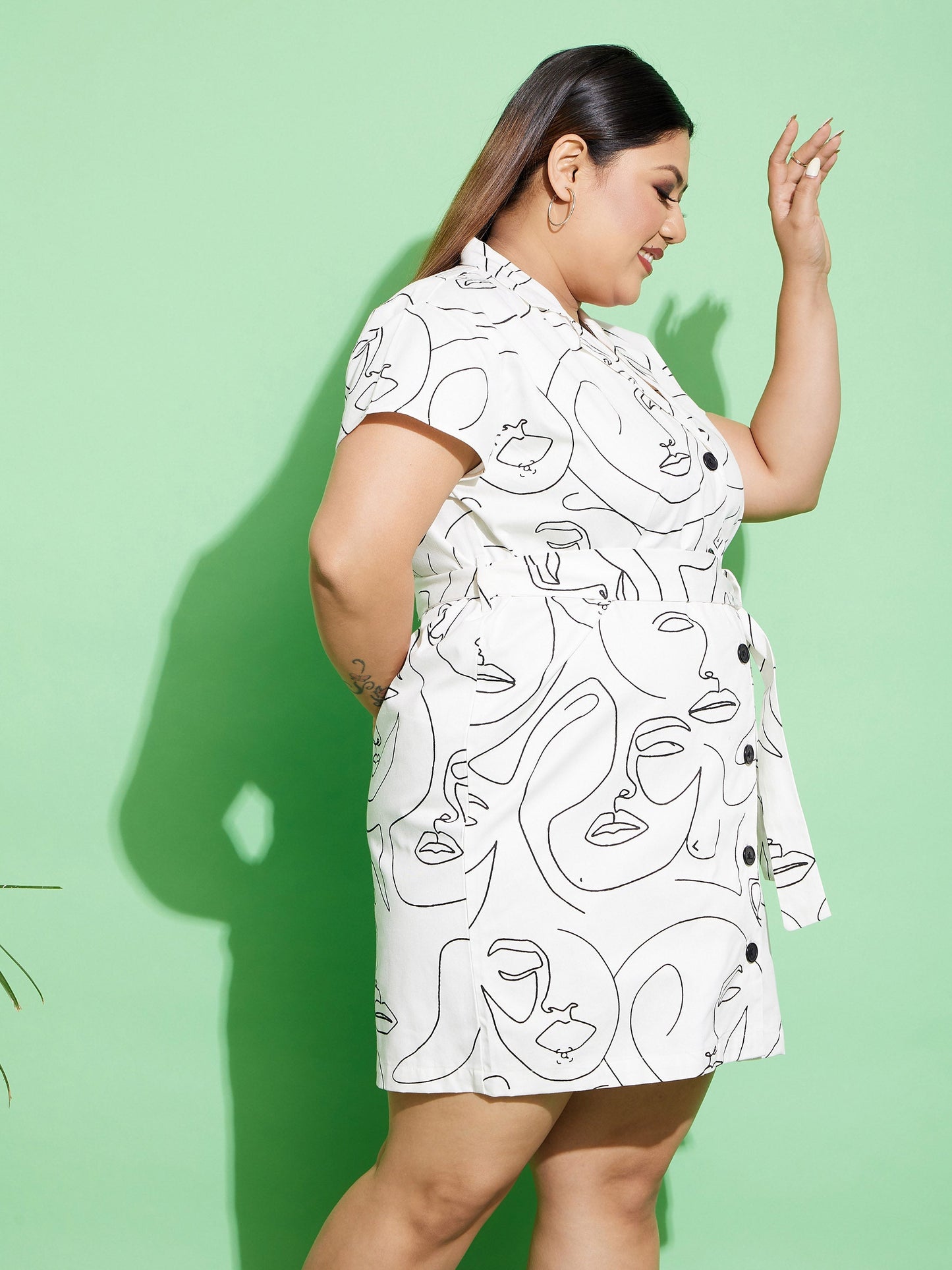Women's White Face Print Twill Belted Blazer Dress
