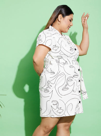 Women's White Face Print Twill Belted Blazer Dress