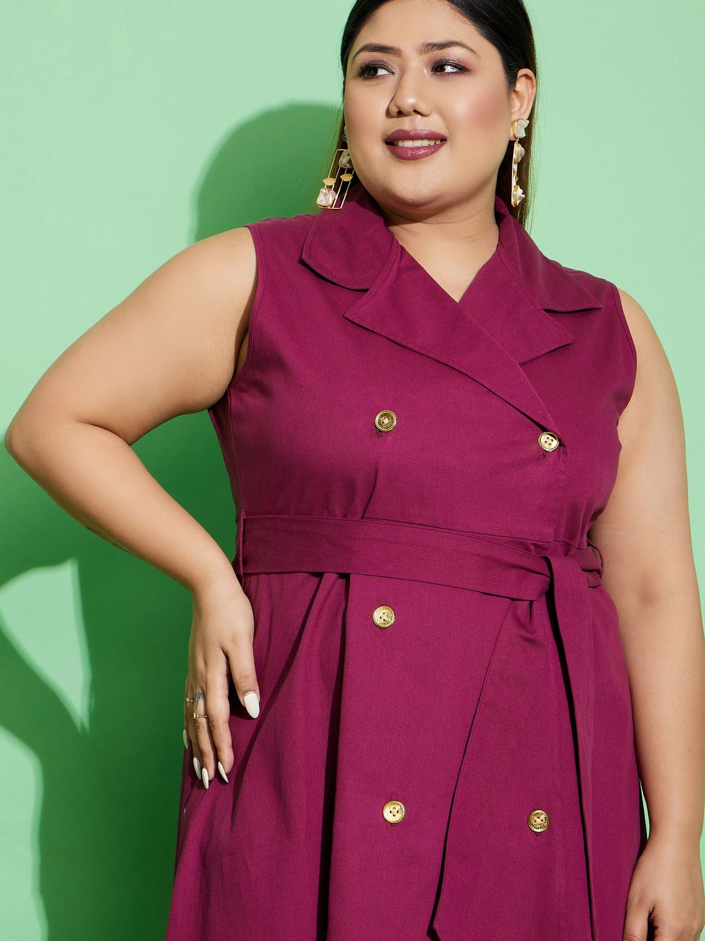 Women's Burgundy Twill Front Button Dress